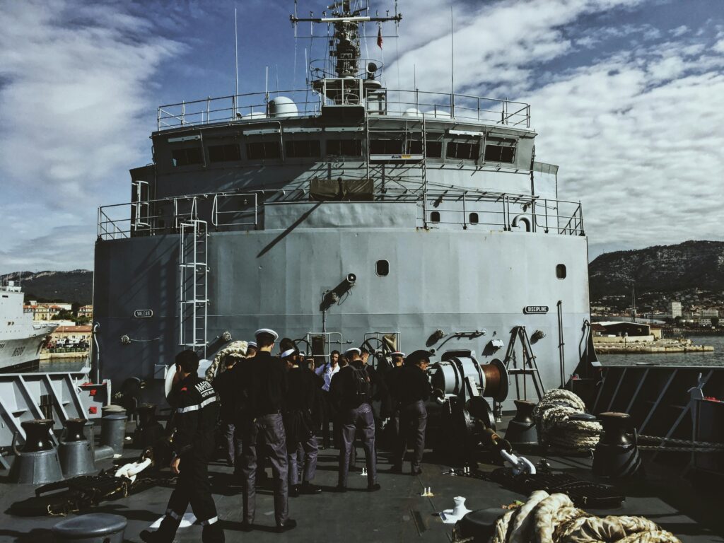 A navy crew gathered on a ship's deck in Toulon, Provence-Alpes-Côte d'Azur, France.